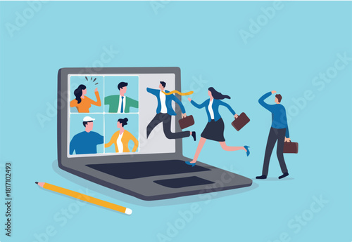 Hybrid work, remotely work from home virtually or work in office onsite, flexible for employee benefit concept, businessman and his colleague virtually get into the computer laptop conference meeting.