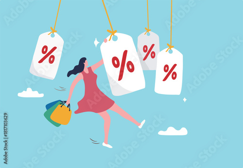 Sale or discount price tag, marketing promotion or price cut, retails shop or advertising, commercial, customer purchase concept, young woman customer with shopping bags hold discount price tag.