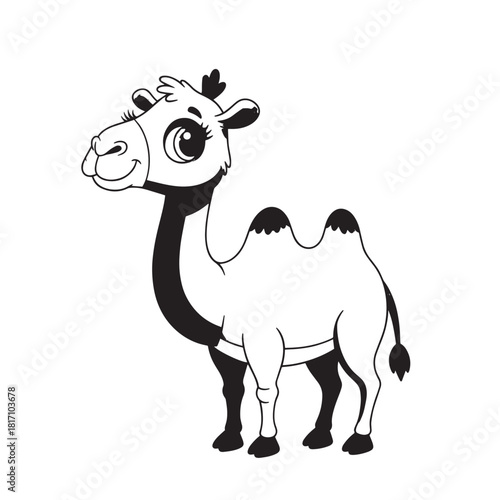 Playful Cartoon Camel in Black and White Illustration for Kids and Art Lovers.