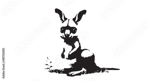 Silhouette of a Small Rabbit Sitting on Ground in Black Ink Style.