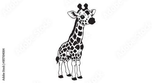 Cartoon Giraffe Illustration Standing Tall with Distinct Patches in a Black and White Style.
