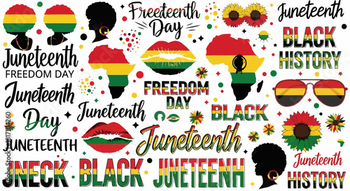 Juneteenth celebration with colorful text and symbols including rainbow flag, black history, and freedom day