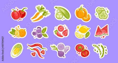 Fruit, berry, and vegetable sticker set a playful vector illustration with a cheerful assortment, bright colors, clean lines, and compact shapes arranged for versatile use in UI and branding.