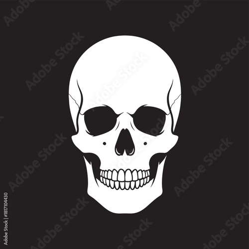 Monochrome skull graphic on black background with bold contrasting design and minimalist style.