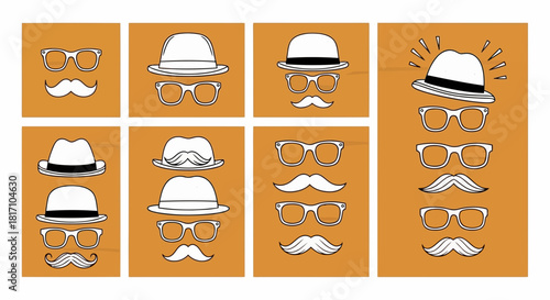 Collection of nine different hats and mustaches in a grid layout on a brown background