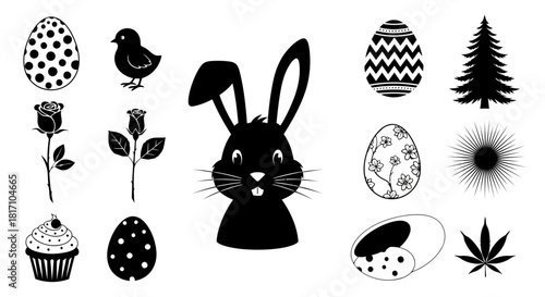 Black and white illustration of easterthemed objects including a bunny, eggs, flowers, and a tree