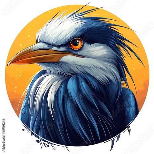 Fierce blue heron bird head with orange eye and yellow sun background Keywords: bird, photo