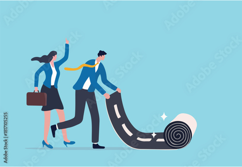 Career path road to success, begin or start new job or career development, leadership to plan for business direction concept, smart businessman rolling career path road carpet for his team colleague.