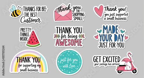 Colorful thank you stickers with various messages and designs for customer appreciation and support