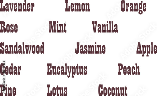 Popular natural fragrances, names in a beautiful font, text on a transparent background