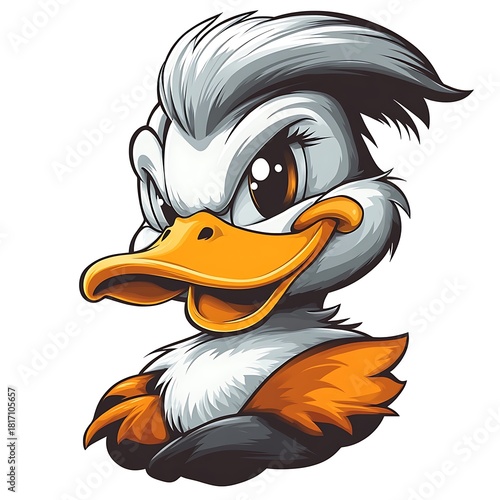 Fierce Cartoon Duck with Grey and Orange Feathers character mascot photo