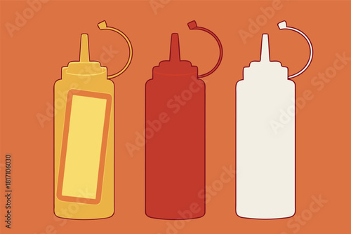 Minimalist Geometric Design of Three Colorful Sauce Bottles