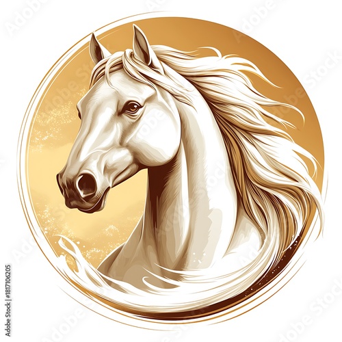 Elegant White Horse Head in Golden Circle Frame Keywords: horse, head, white, golden, photo