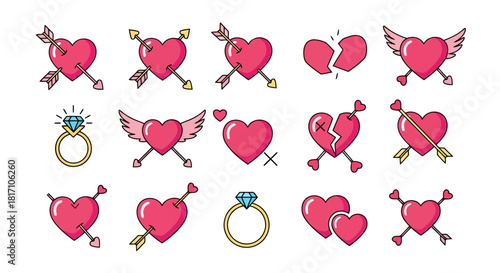 A collection of colorful heart icons with various designs including arrows, wings, and rings, representing love and romance