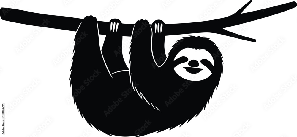 Obraz premium Cute sloth hanging from branch black and white vector illustration