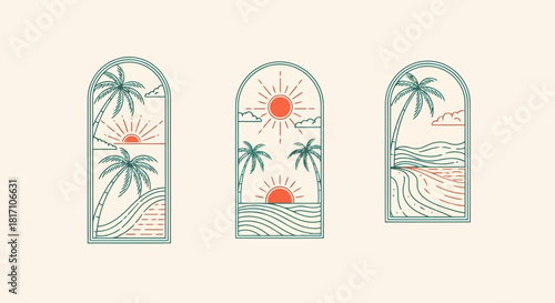 Three tropical window illustrations with palm trees, sun, and beach waves on a