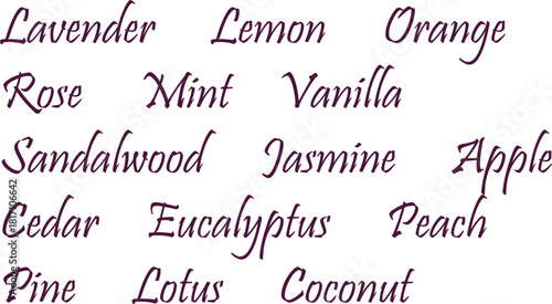 Popular natural fragrances, names in a beautiful font, text on a transparent background