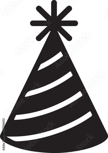 Striped conical black party hat includes an eightpointed star design; the background remains transparent