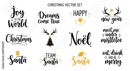 Christmas vector set with festive messages and holiday greetings in elegant typography