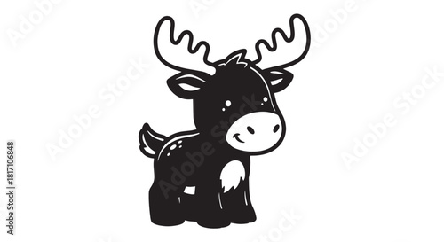 Cute cartoon moose character with large antlers standing playfully in black and white.