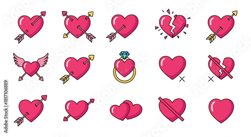 Collection of colorful cartoon hearts with various designs and symbols, including arrows, wings, and crowns, perfect for valentines day and lovethemed projects