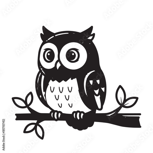Perched Black and White Owl Illustration with Wide Eyes on Branch.