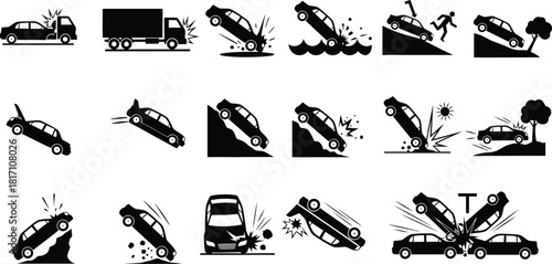 Car accident and collision icons set in black and white