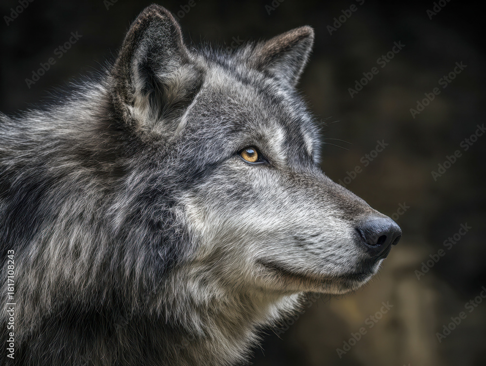 Obraz premium A majestic gray wolf gazing intently into the distance with piercing amber eyes and detailed fur texture against a dark, blurred natural background