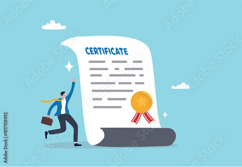 Certificate on taking course, award for excellent work or diploma document, license stamp or education certified guarantee concept, happy businessman with star certificate paper for work achievement.