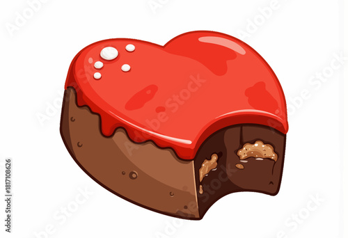Delicious Heart-Shaped Chocolate Cake with Glossy Red Glaze and a Tempting Bite Revealing Creamy Filling Inside