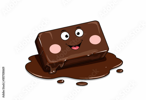 Smiling chocolate bar cartoon character with rosy cheeks melting and spreading onto the surface creating a playful and whimsical illustration