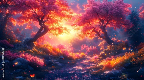 Enchanted forest path with glowing pink trees and sunset light trail nature photo