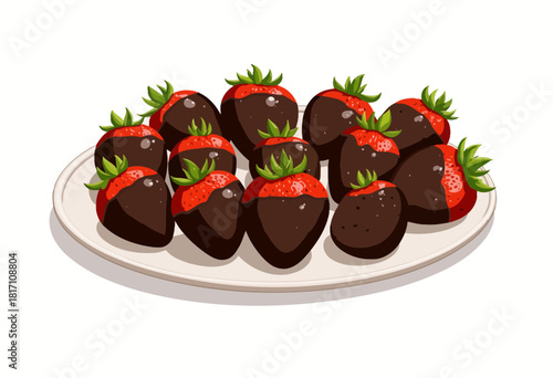 Savory Delight of Rich Dark Chocolate Covered Strawberries Precision Dipped and Arranged on a White Elegant Plate for Decadent Dessert Indulgence