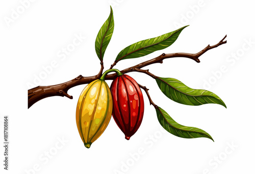Vibrant Illustration of Cocoa Pods Hanging from a Branch with Lush Green Leaves and Detailed Textures on a Crisp White Background