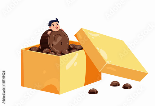 A joyous cartoon character peeking from a large, open yellow box filled to the brim with deliciously assorted chocolates, exuding an irresistible sweet allure.