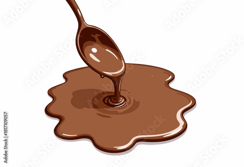 A spoon pouring smooth, luscious melted chocolate, creating a rich puddle of creamy sweetness, perfect for delighting chocolate lovers and sweet enthusiasts alike.