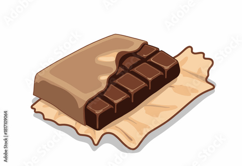 Illustration of a Partially Unwrapped Chocolate Bar with a Bite Taken, Featuring Rich Dark and Smooth Milk Chocolate Segments