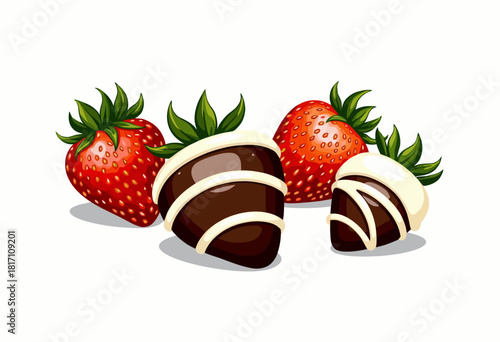Illustration of Fresh Strawberries and Strawberries Dipped in Rich Chocolate with Cream Drizzle