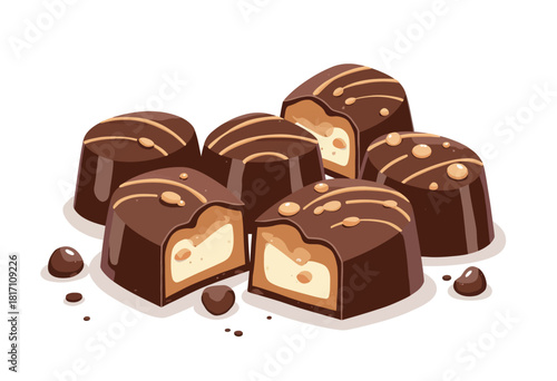 Illustration of a Delightful Assortment of Chocolate Pralines with Smooth Creamy Filling and Decorated with Delicate Swirls and Rich Glossy Coating on a White Background