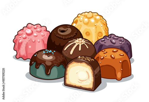 A Delightful Assortment of Colorful and Richly Decorated Gourmet Chocolate Truffles in Various Flavors and Designs