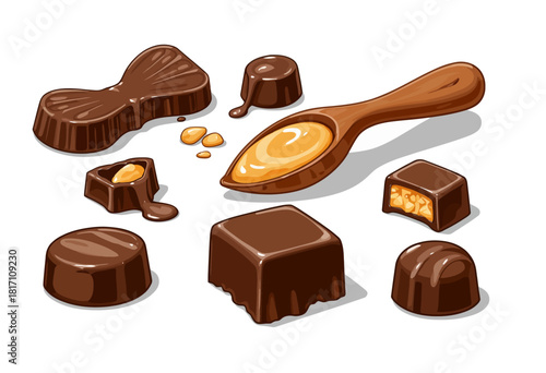 Delicious Assortment of Assorted Chocolate Confections with Caramel Fillings and Creamy Textures Displayed with Wooden Spoon