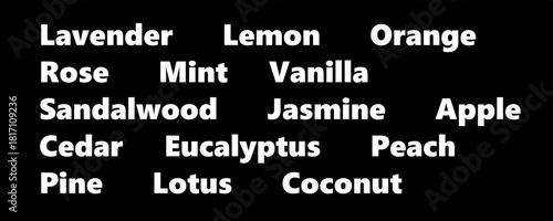 Popular natural fragrances, names in a beautiful font, text on a transparent background