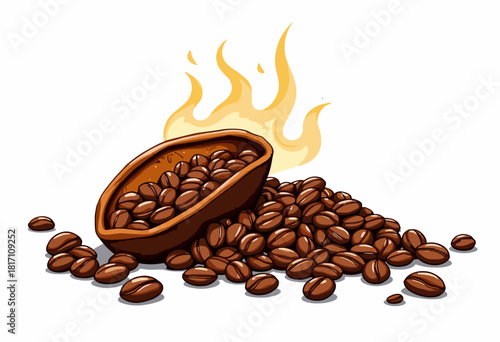 Illustration of a Cocoa Pod with Scattered Beans and Stylized Flames Symbolizing Roasting Process