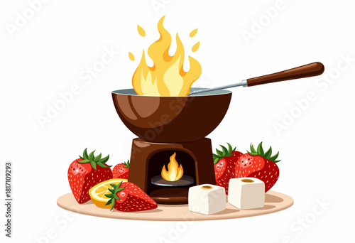Illustration of a Chocolate Fondue Set with Strawberries, Marshmallows, and Lemon Slices on a Wooden Platter with a Flaming Pot