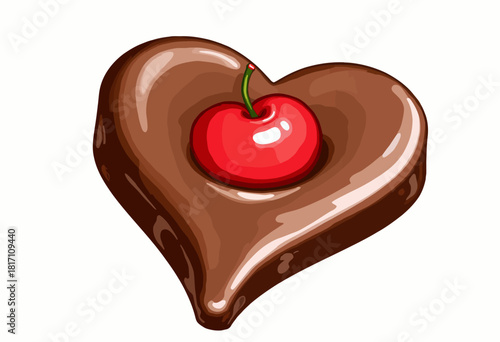 Illustration of a Heart-Shaped Chocolate Coated Dessert with a Glossy Cherry Topping Displayed on a Simple White Background