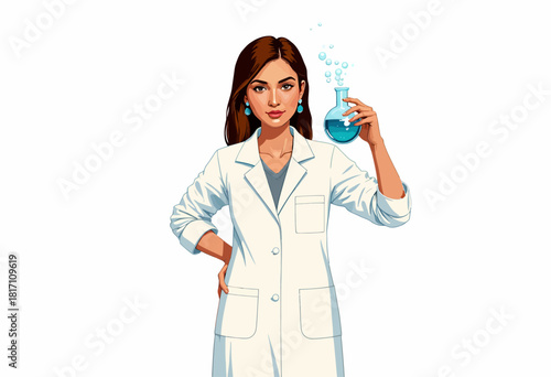 Scientist Woman in Lab Coat Holding a Bubbling Blue Liquid Flask, Demonstrating Experimentation and Scientific Exploration on a White Background