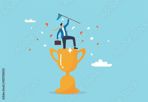 Victory or business achievement, triumph or award winning, accomplishment for leadership success, determination for career success concept, cheerful businessman winner raising flag on winning trophy.