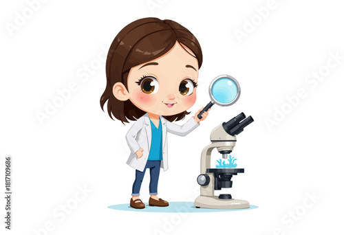 Adorable Cartoon Child Scientist with Magnifying Glass and Microscope Discovering the Microscopic World in a Fun Educational Illustration