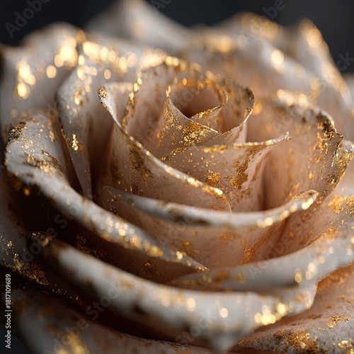 Ultra-realistic macro rose adorned with delicate gold leaf, shimmering in warm artistic light for a luxurious and sophisticated aesthetic.