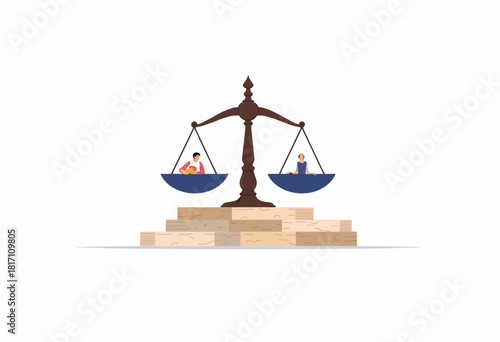 Illustration of a Balanced Scale Representing Gender Equality with Diverse Individuals Emphasizing Social Justice on a Stacked Block Platform